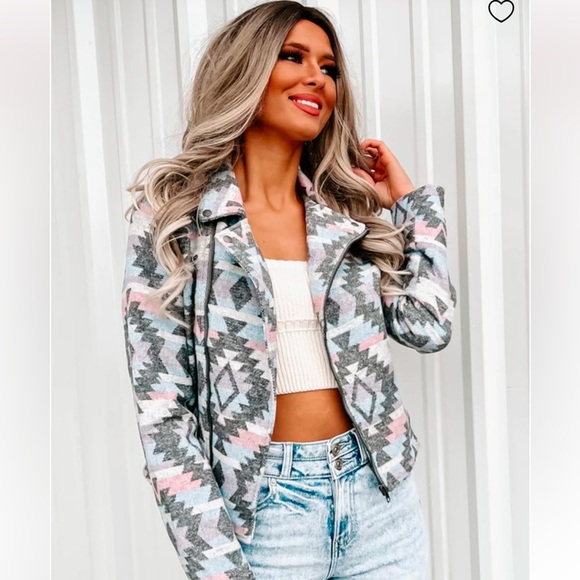 BaeVely Jackets & Blazers - BaeVely womens Not Looking Back Aztec Moto Jacket (Grey pink Multi) sz M used
